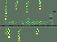 A pixel art work with green vines, some 2d platforms, and a green lizard