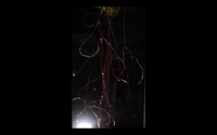 A a dark space with wires hanging vertically throughout the whole frame. Blood drops are flowing along with the cords.